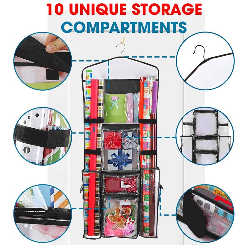 ProPik Hanging Double-Sided Gift Wrap Organizer, Wrapping Paper Storage with Multiple Front and Back Pockets, Organize Your Gift Bags Bows Ribbons 40â€X17" Fits 40 Inch Rolls (Black seam) - Image 3